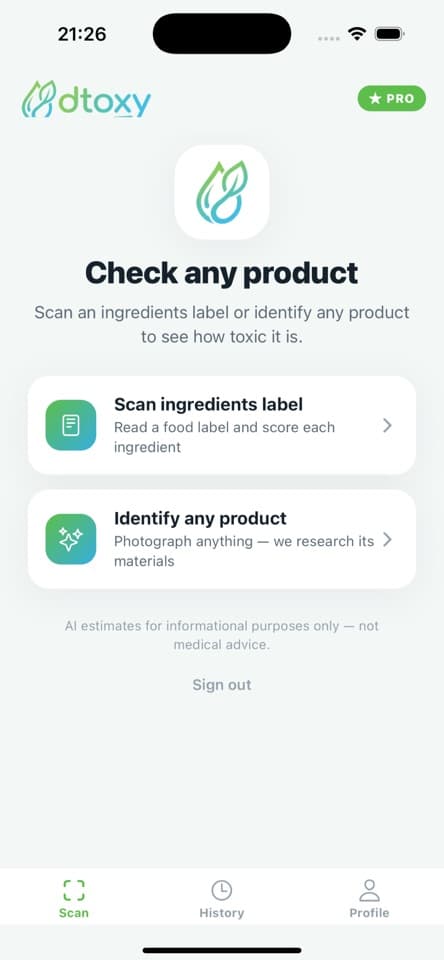 App Dtoxy: escanea una etiqueta de ingredientes o identifica un producto.